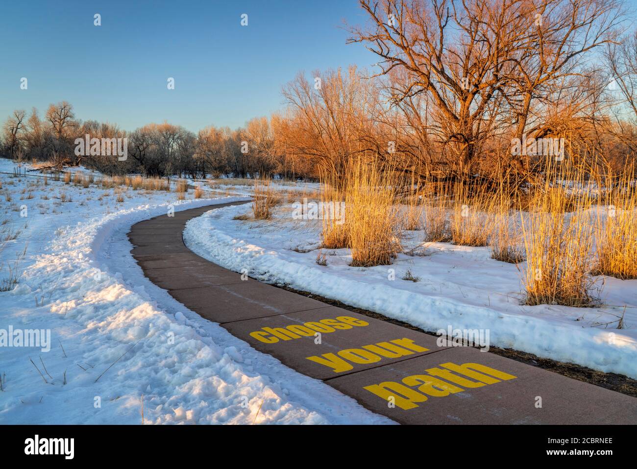 choisissez votre signe de chemin sur une piste cyclable venteuse en hiver coucher de soleil décor, style de vie, carrière et concept de développement personnel Banque D'Images