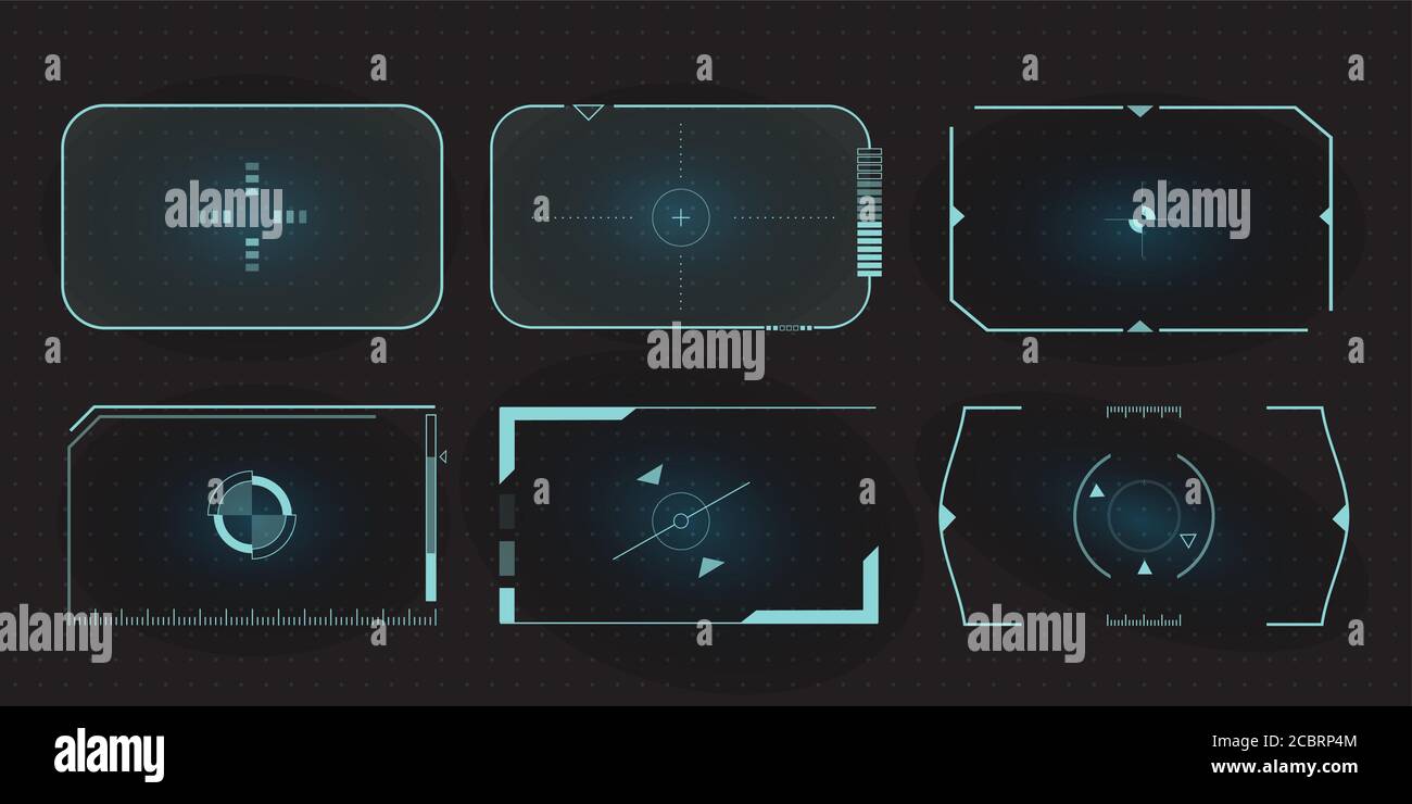 Cadres HUD futuristes pour écran cible et panneau de commande de réglage de la bordure. Ensemble d'éléments d'écran de l'interface utilisateur Sci Fi pour l'interface utilisateur de Gaming UX. Illustration de Vecteur
