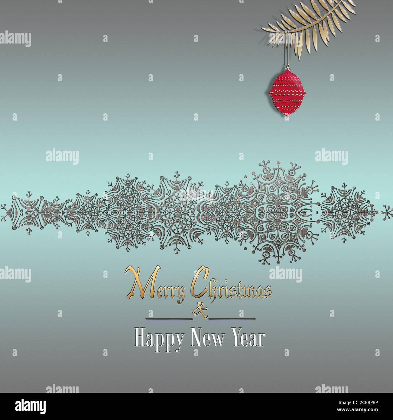 Noël et bonne année fond avec bordure argentée de flocons de neige, boule rouge sur fond vert pastel métallisé. Illustration 3D Banque D'Images