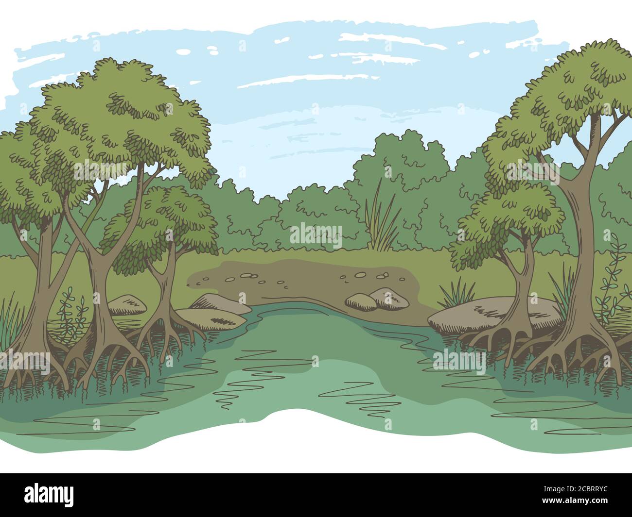 Jungle forêt rivière graphique couleur paysage esquisse illustration vecteur Illustration de Vecteur