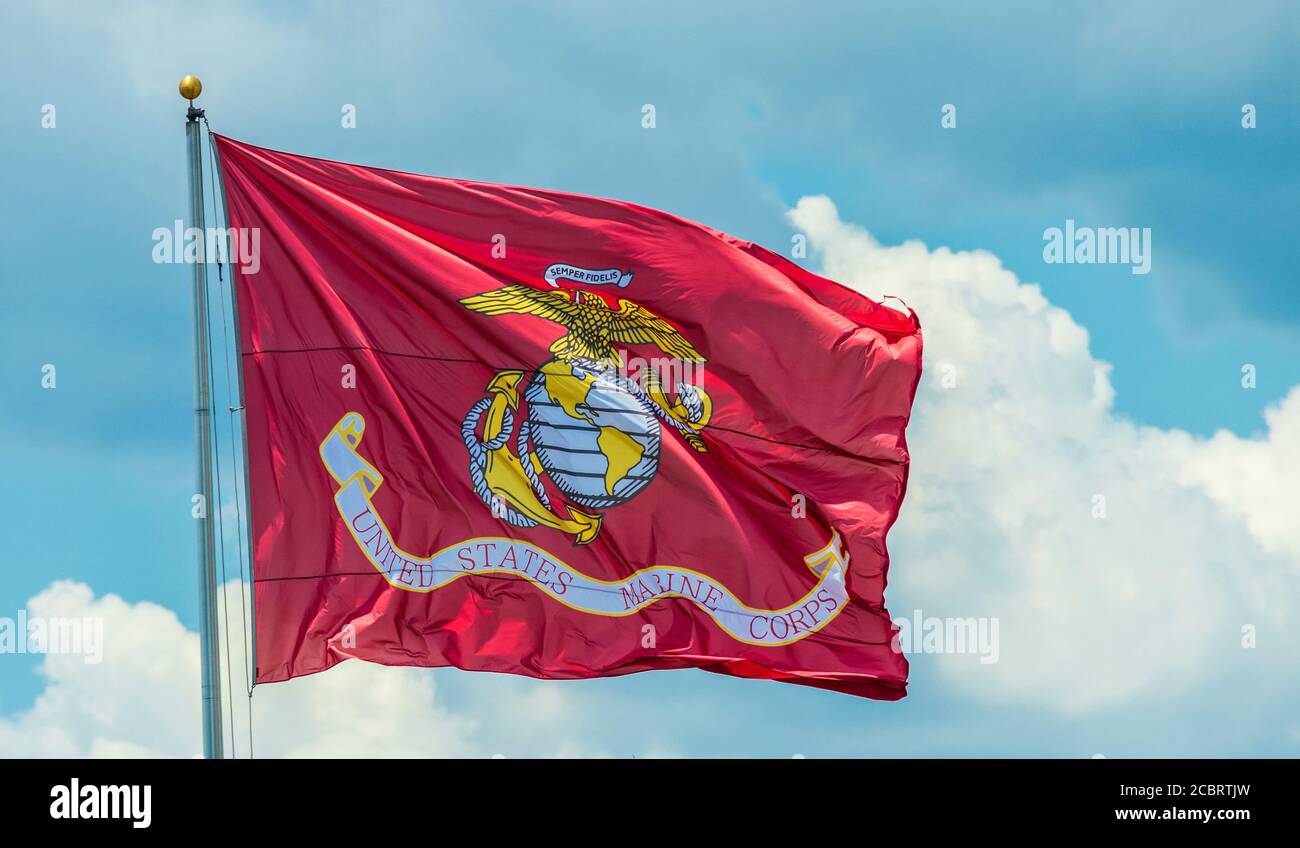 Drapeau du corps des Marines des États-Unis à Conroe Veterans Memorial Park, Conroe, Texas. Banque D'Images