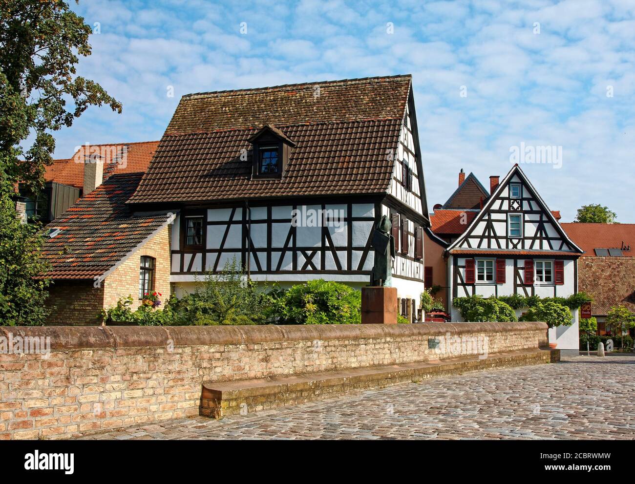 Maisons anciennes à colombages; rue pavée; scène de la ville; Edith Stein comme statue de la nonne, Sainte Teresa Bénédicta de la Croix, Europe; Speyer; Allemagne Banque D'Images