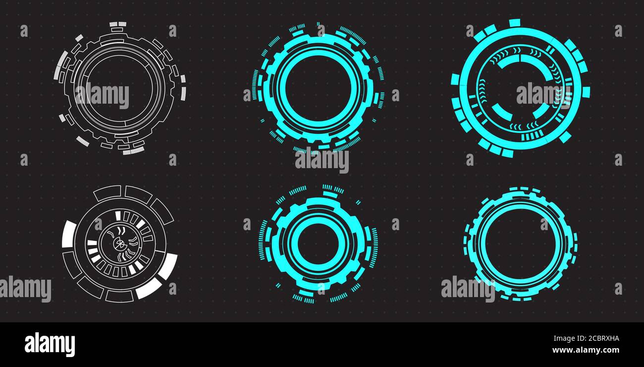 Éléments circulaires ronds HUD futuristes pour l'écran cible et le panneau de commande de réglage de la bordure. Ensemble d'éléments d'écran de l'interface utilisateur Sci Fi pour l'interface utilisateur de Gaming UX. Illustration de Vecteur