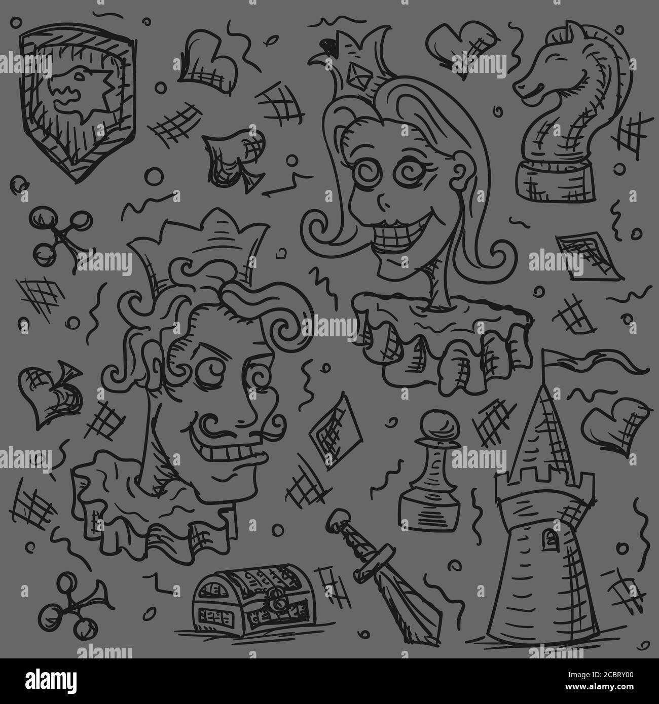 L'arrière-plan de la personne roi reine personnes échecs, carte forteresse tiré à la main Doodle sur un fond gris. Image vectorielle Illustration de Vecteur