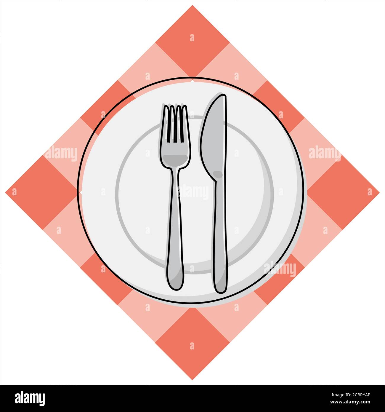 Assiette blanche avec couverts - vue du dessus. Fourchette, couteau, plat  et nappe rouge à motif Vichy. Illustration vectorielle simplifiée et  colorée Image Vectorielle Stock - Alamy