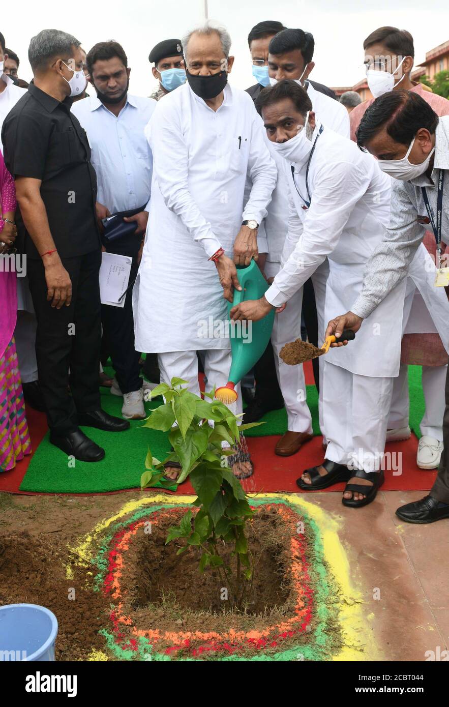 Jaipur, Inde, 15 août 2020 : le Ministre en chef du Rajasthan, Ashok Gehlot, plante un arbre à l'occasion du 74e jour de l'indépendance, au Secrétariat de Jaipur. Crédit : Sumit Saraswat/Alay Live News Banque D'Images