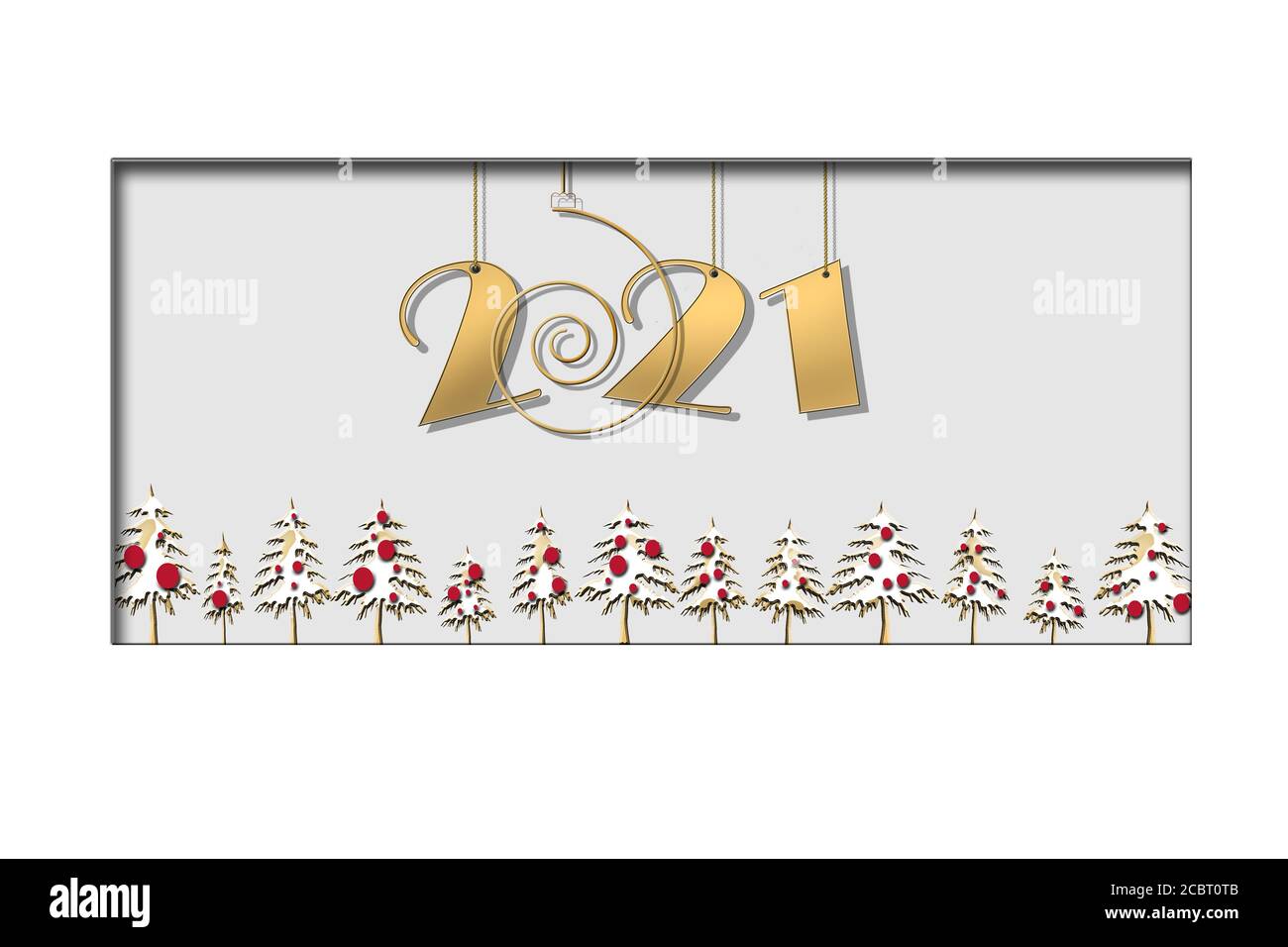Carte de bonne année 2021. Suspension d'or numéro 2021 avec bordure d'arbres de Noël. Carte de visite horizontale. Illustration 3D Banque D'Images