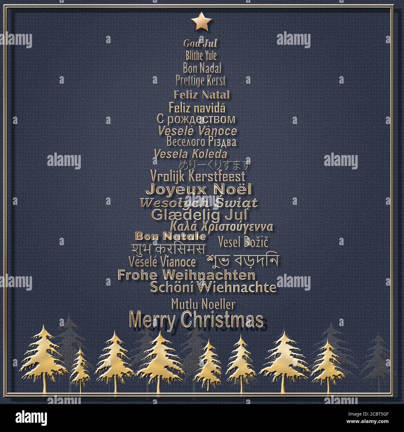 Carte de joyeux Noël de luxe dans différents pays d'Europe, d'Europe de l'est, de l'hindi, du bengali, de l'indien, du japonais langues formant l'arbre de Noël et la bordure des arbres dorés sur fond bleu. Illustration 3D Banque D'Images