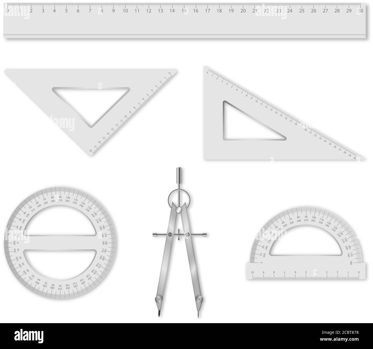 Ensemble d'éléments de géométrie isolés : règle, carrés de jeu, rapporteurs et boussole. Accessoires pour l'école Illustration de Vecteur