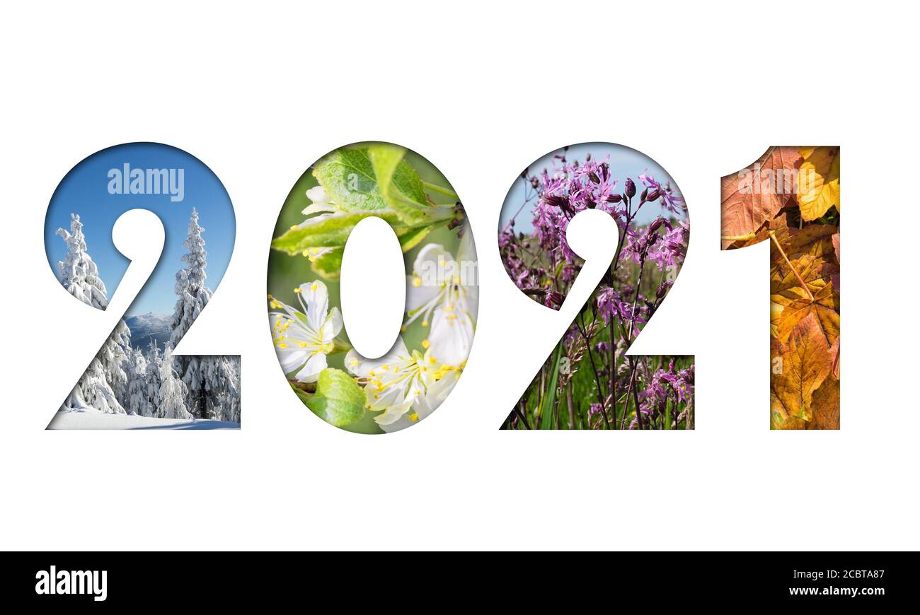 Numéro 2021 des photos de quatre saisons pour le calendrier, la circulaire, l'affiche, la carte postale, la bannière. Image horizontale. Banque D'Images