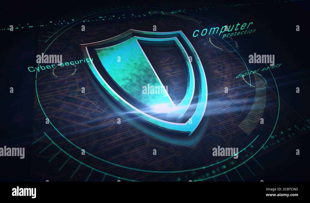 Cyber-sécurité, protection informatique, technologie de sécurité numérique avec symboles de métal blindé. Illustration du rendu 3d du concept abstrait. Banque D'Images