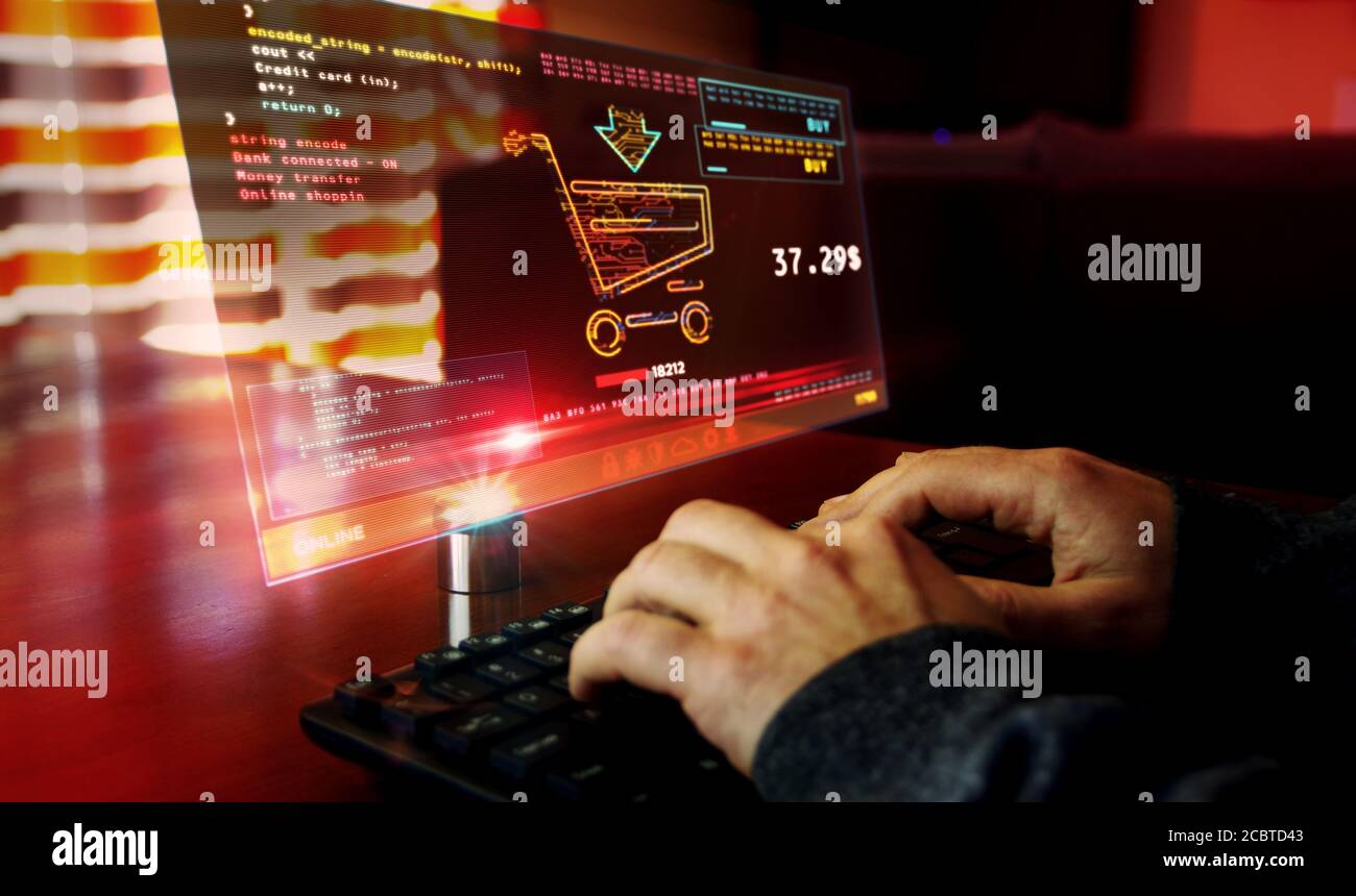 Achat en ligne avec symbole de panier sur l'écran de l'ordinateur. Cyber business, achat numérique, banque et commerce électronique concept 3d avec effet de glitch. Banque D'Images