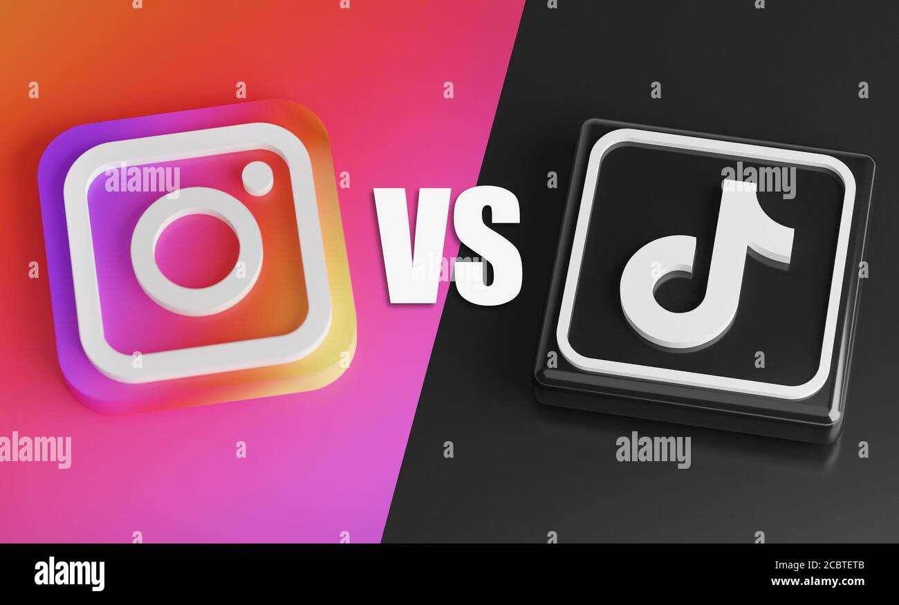 Instagram contre TikTok. Rivalité notion de concurrence sur les médias sociaux Banque D'Images