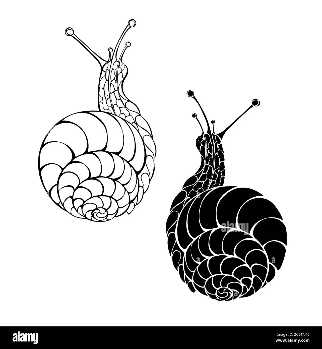 Deux, artistiquement dessinés, noirs, contour, silhouette, escargots isolés sur fond blanc. Illustration de Vecteur
