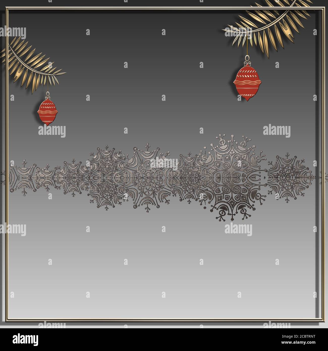 Noël et 2021 fond de bonne année avec bordure argentée de flocons de neige, boules rouges sur fond gris pastel métallisé, modèle. Illustration 3D Banque D'Images