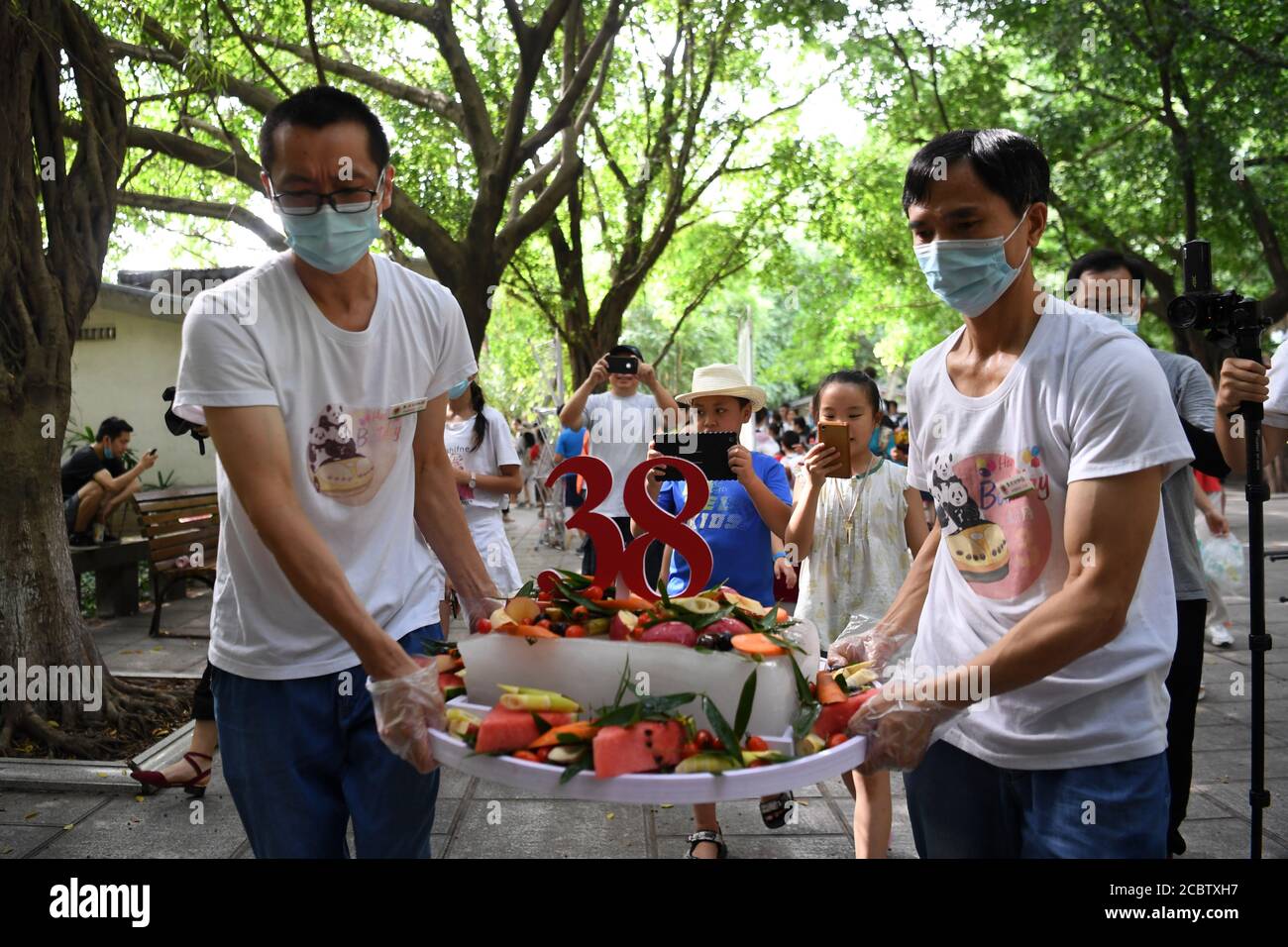 Chongqing. 16 août 2020. Le personnel porte un gâteau d'anniversaire spécial pour le panda géant Xinxing au zoo de Chongqing, dans la municipalité de Chongqing, dans le sud-ouest de la Chine, le 16 août 2020. La célébrité du zoo, « granny panda », a 38 ans dimanche, ce qui équivaut à 110-150 années humaines. Credit: Tang Yi/Xinhua/Alay Live News Banque D'Images