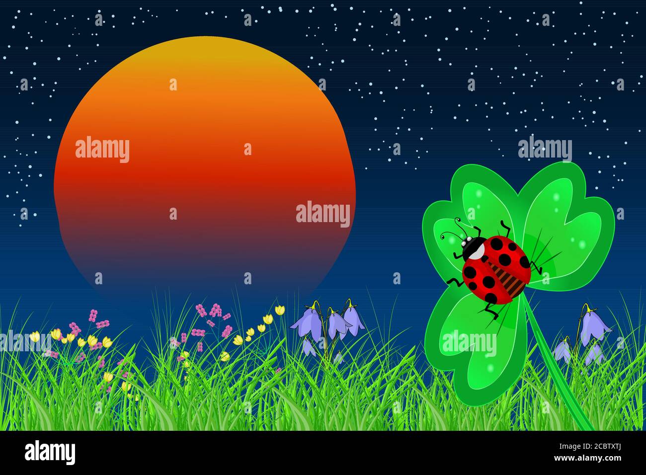 Ladybird sur la feuille sur un fond de coucher de soleil. Coccinelle dormant la nuit sur une feuille de trèfle. Prairie nocturne avec soleil orange, champ vert et coléoptère rouge.Vector Illustration de Vecteur