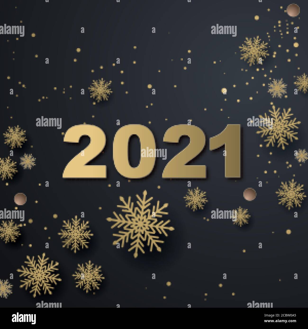 Carte de vœux, invitation avec joyeux nouvel an 2021 et Noël. Boules de Noël en or métallique, décoration, confettis brillants sur un noir Illustration de Vecteur