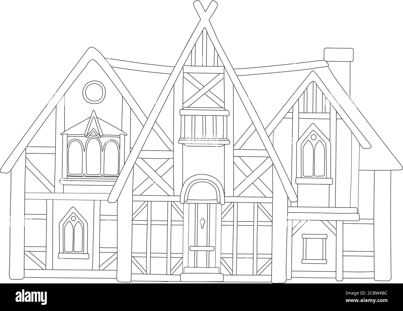 Art de ligne avec maison médiévale européenne sur fond blanc Illustration de Vecteur