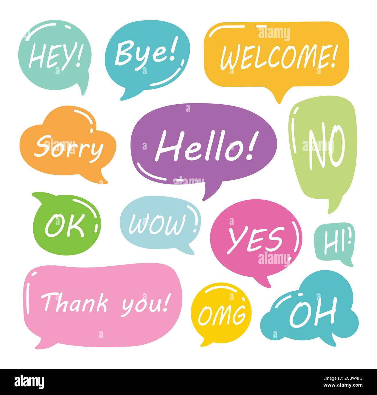 Ensemble de bulles de discours avec des phrases courtes oui, merci, ok, omg, bonjour, désolé, Bienvenue. Illustration de Vecteur