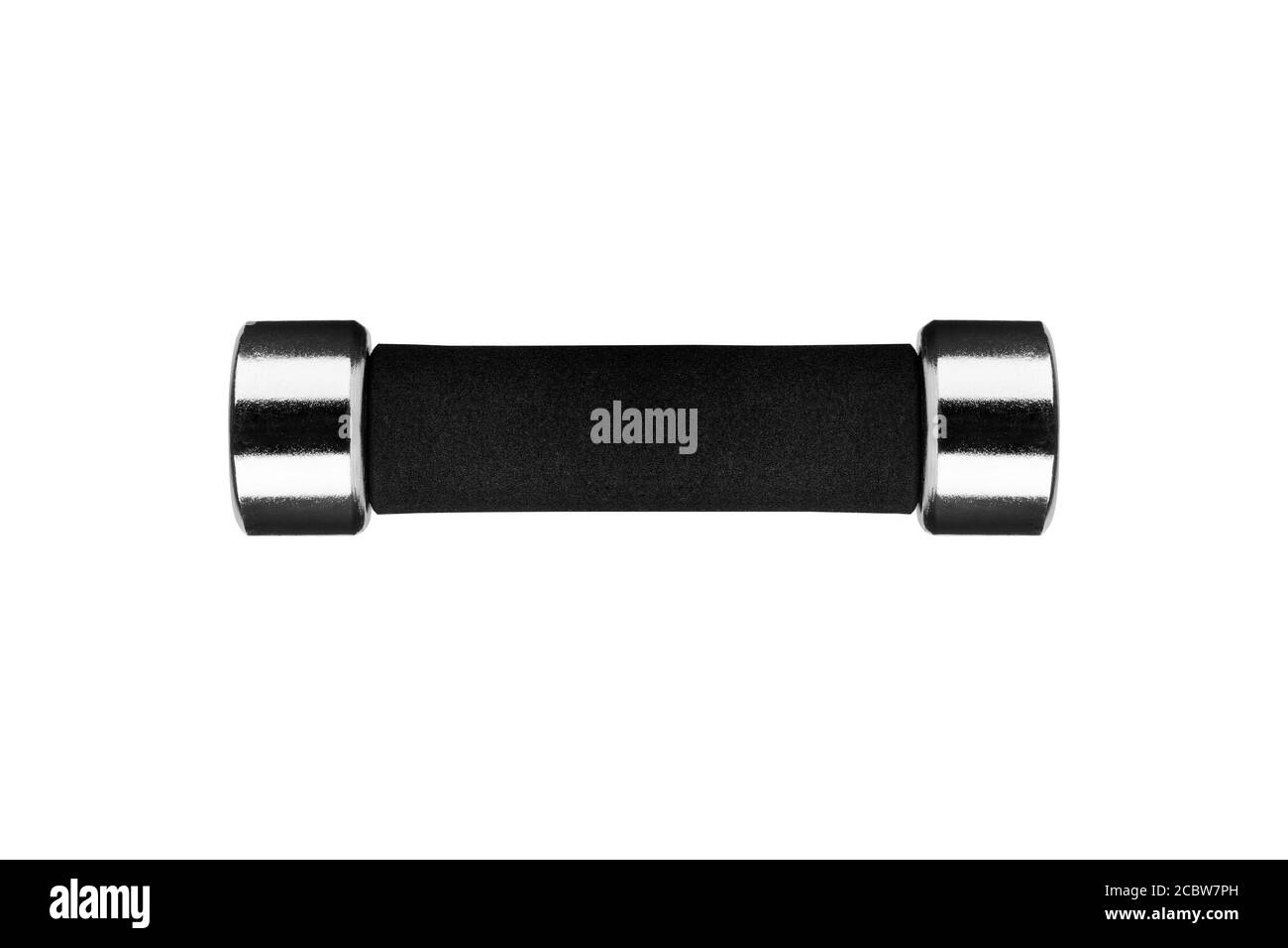 Une haltère sur fond blanc isolée de près, une barbell en métal simple avec bras noir, équipement de sport en fer de levage, design de barre de fitness Banque D'Images