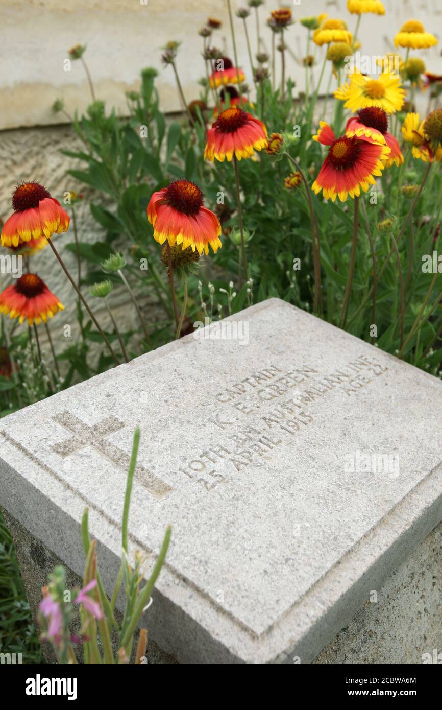 La pierre tombale d'un soldat australien de la guerre mondiale dans le cimetière de la plage sur la péninsule de Gallipoli en Turquie. Banque D'Images