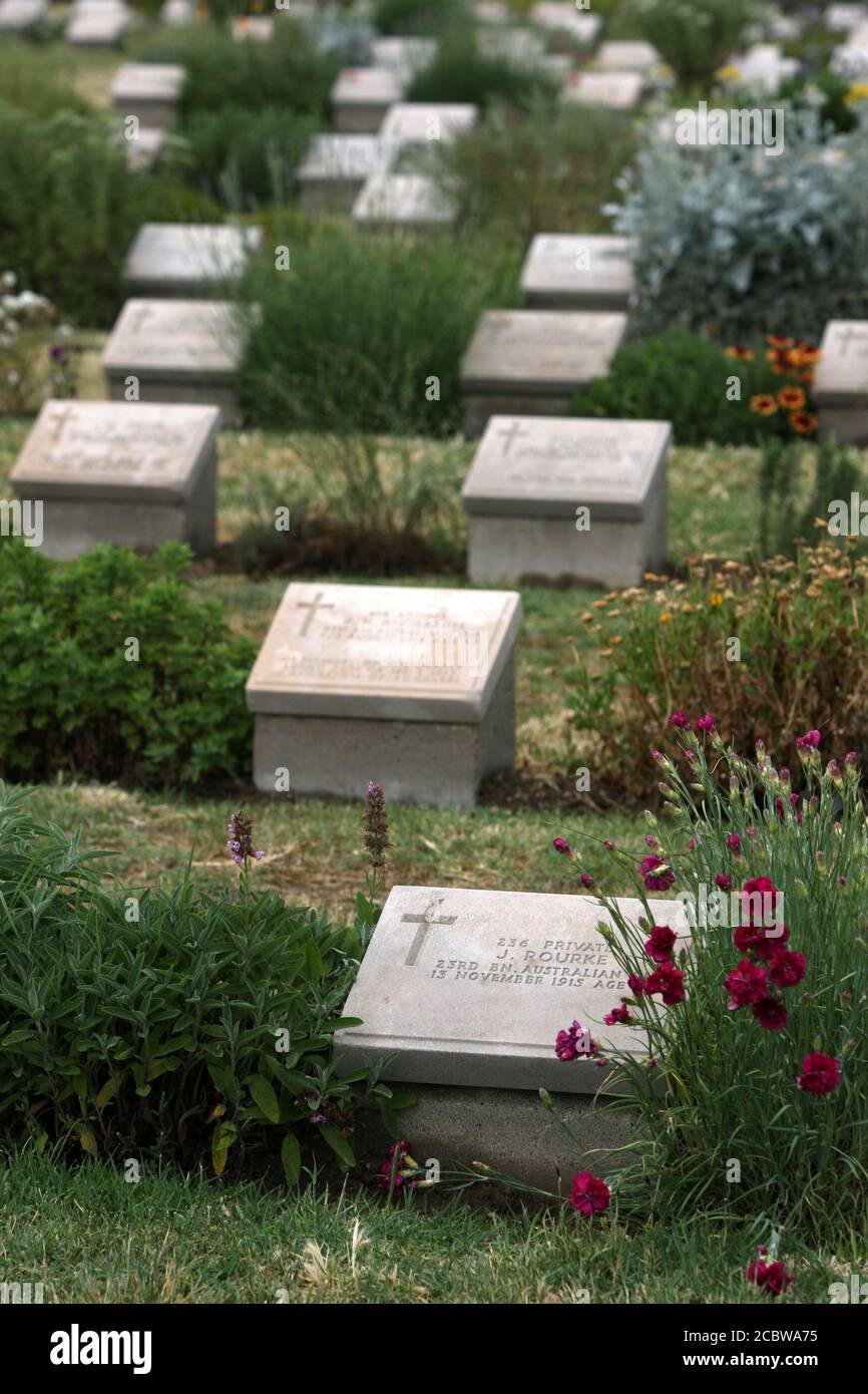 Pierres tombales des soldats australiens et néo-zélandais de la guerre mondiale tombés sur le terrain de trempette de Brown au cimetière Lone Pine Cemetery, sur la péninsule de Gallipoli, en Turquie. Banque D'Images