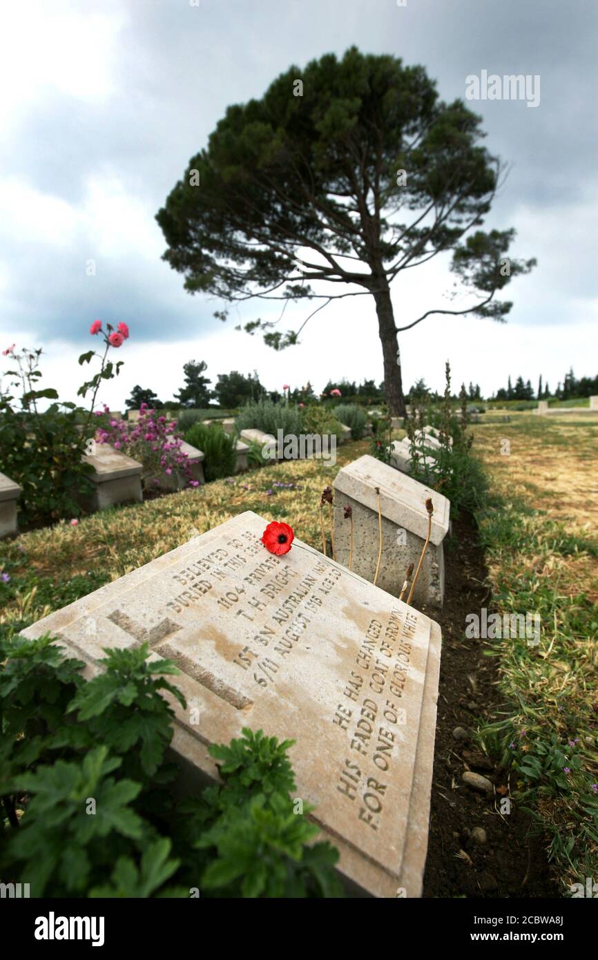 Pierres tombales des soldats australiens et néo-zélandais de la guerre mondiale tombés au cimetière Lone Pine Cemetery, sur la péninsule de Gallipoli, en Turquie. Banque D'Images