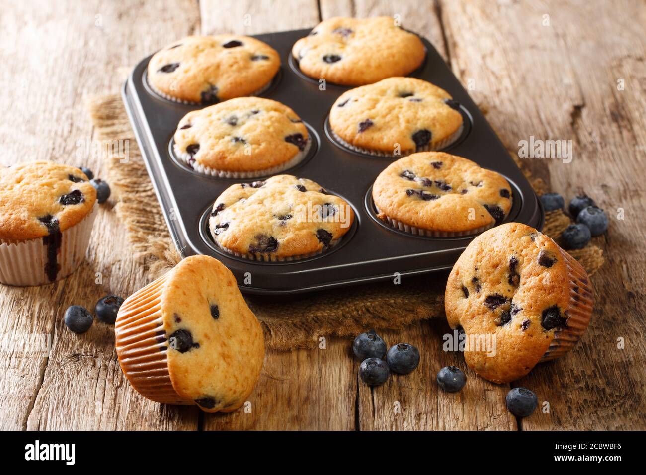 Des muffins aux myrtilles juteux et délicats dans un plat à pâtisserie sur la table. Horizontal Banque D'Images