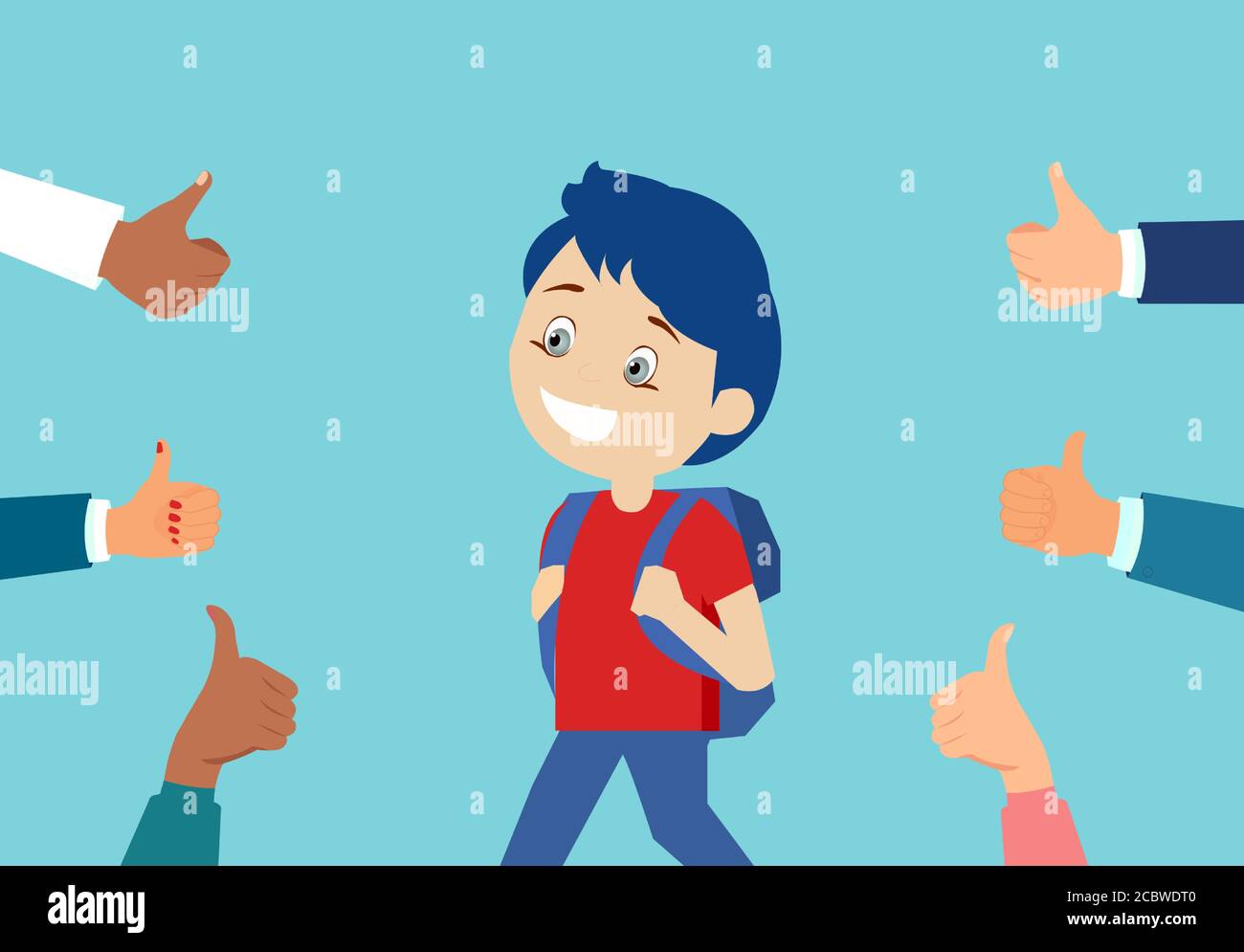 Vecteur d'un garçon joyeux étudiant entouré de mains donnant pouces vers le haut sur fond bleu Illustration de Vecteur