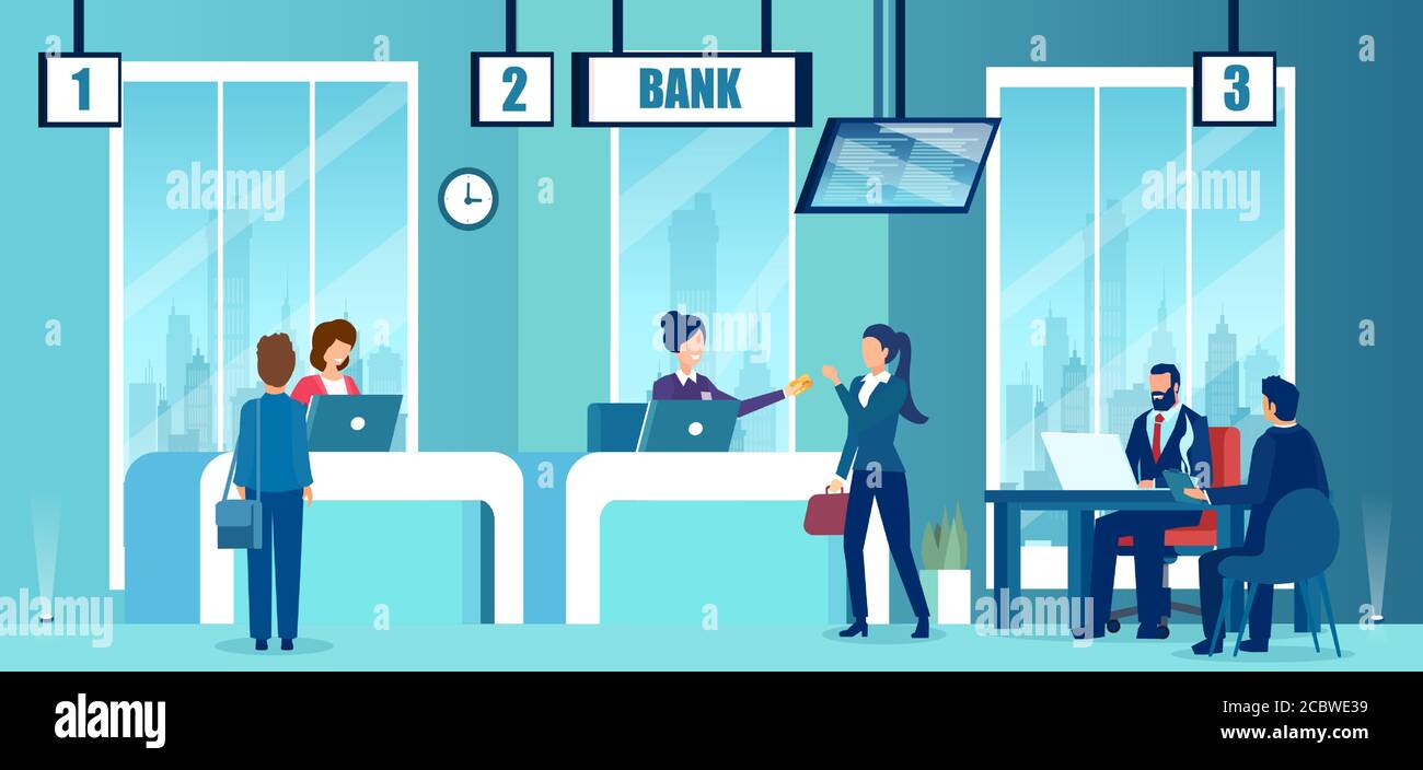Vecteur d'un intérieur de bureau de banque moderne avec des personnages de gestionnaires, de caissiers, d'employés et de clients. Illustration de Vecteur Vecteur d'un intérieur de bureau de banque moderne avec des personnages de gestionnaires, de caissiers, d'employés et de clients. Illustration de Vecteur