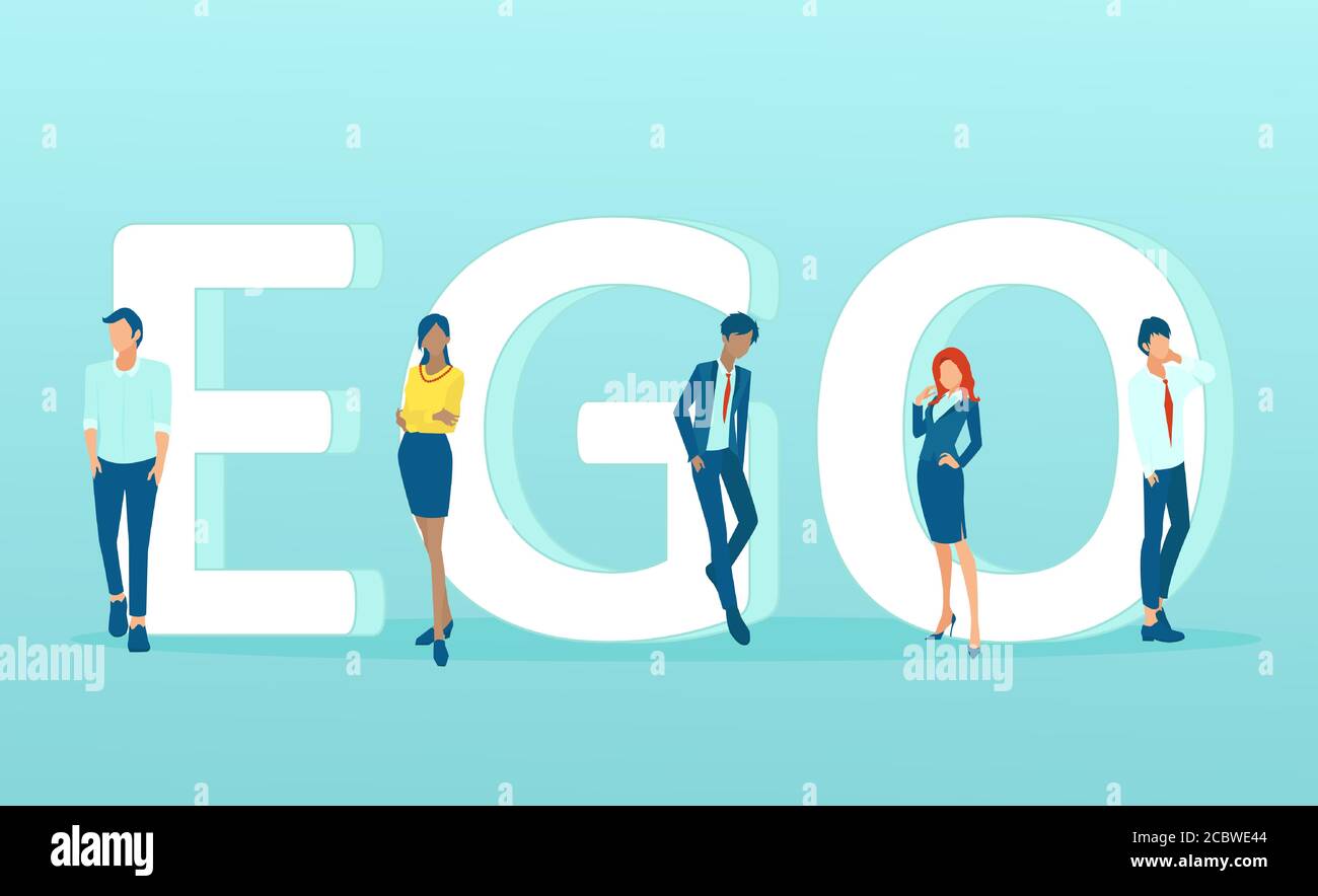 Vecteur des hommes et des femmes debout par le mot ego sur fond bleu Illustration de Vecteur