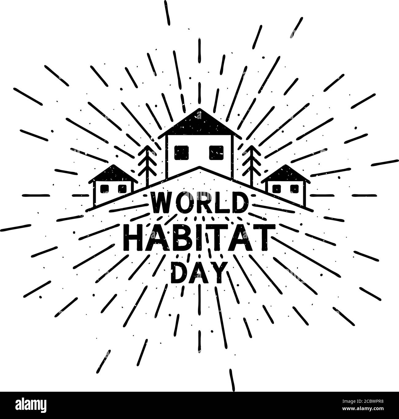 Journée mondiale de l'habitat avec lettrage. Holiday grunge illustration vintage avec des rayons de soleil en arrière-plan Illustration de Vecteur
