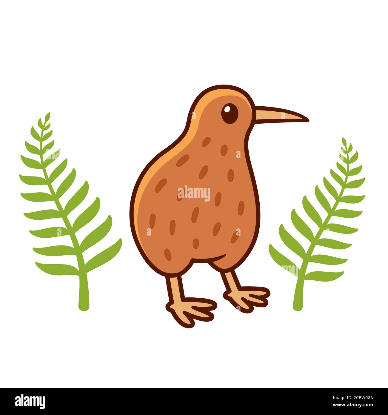 Joli dessin d'oiseau kiwi avec des feuilles de fougères argentées, symbole national de la Nouvelle-Zélande. Illustration de clip art vectoriel isolée. Illustration de Vecteur