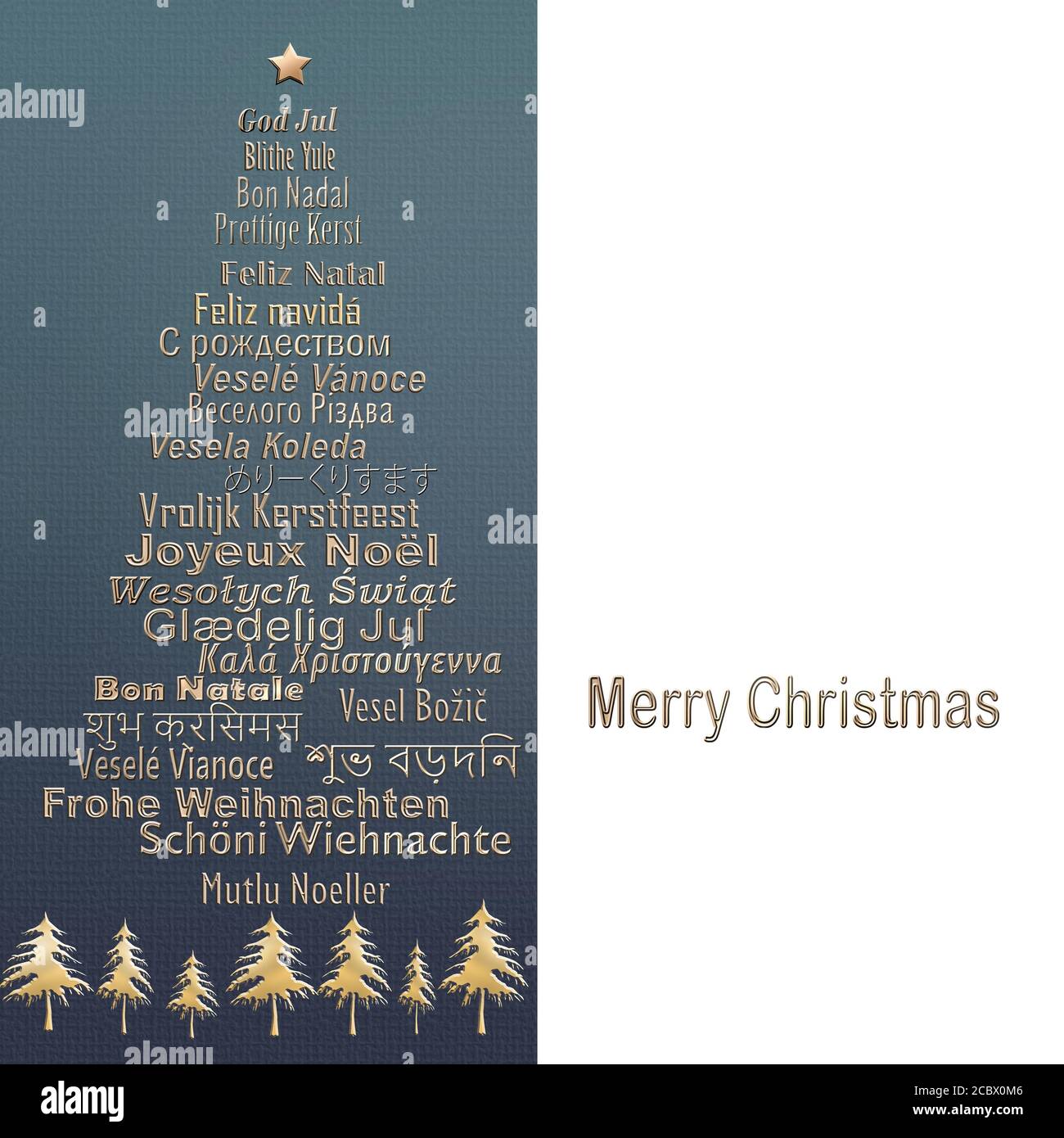 Carte de joyeux Noël de luxe dans différents européens, d'Europe de l'est, hindi, bengali, indien, japonais langues formant l'arbre de Noël et la bordure des arbres d'or sur fond bleu blanc. Illustration 3D Banque D'Images