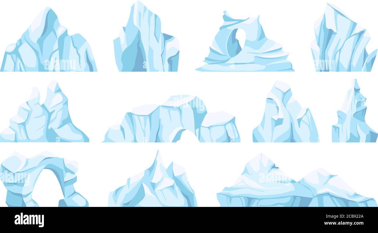 Bande dessinée iceberg. Dérive d'un glacier arctique ou d'une glace. Eau gelée, pics de glace de l'antarctique, montagne glacée pour le jeu, ensemble de vecteurs d'objets de la nature Illustration de Vecteur