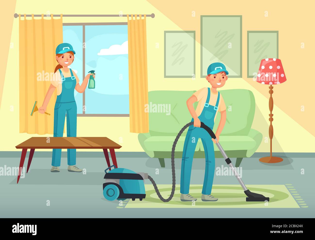 Nettoyage professionnel de la salle de séjour. Personnages d'homme et de femme, personnel de nettoyage Illustration de Vecteur