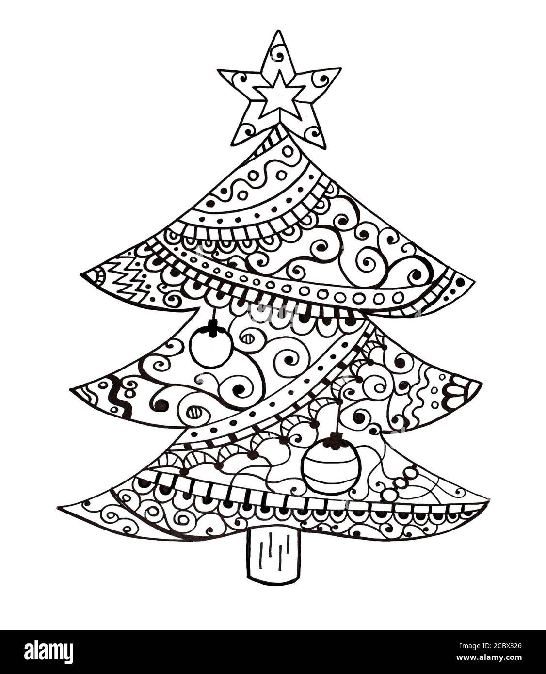 Motif de livre de coloriage dessiné à la main de sapin de Noël. Article de Noël décoratif noir sur fond blanc. Noël. Ligne irrégulière Banque D'Images