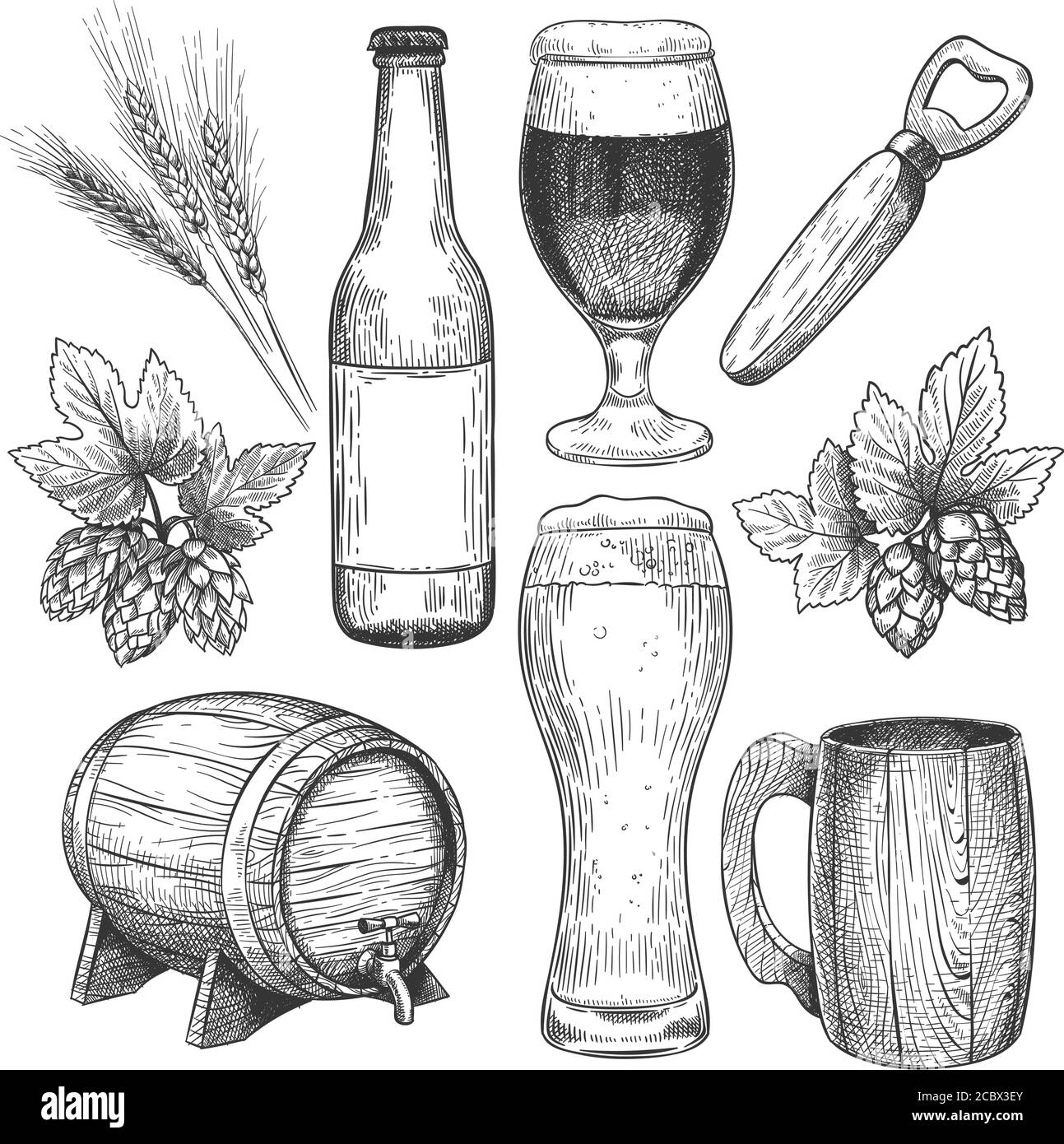 Bière tirée à la main. Esquisse de verres à bière, de mugs et de tonneau, bouteille. Houblon, malt et orge, objets pour menu pub boissons gravure vecteur set Illustration de Vecteur