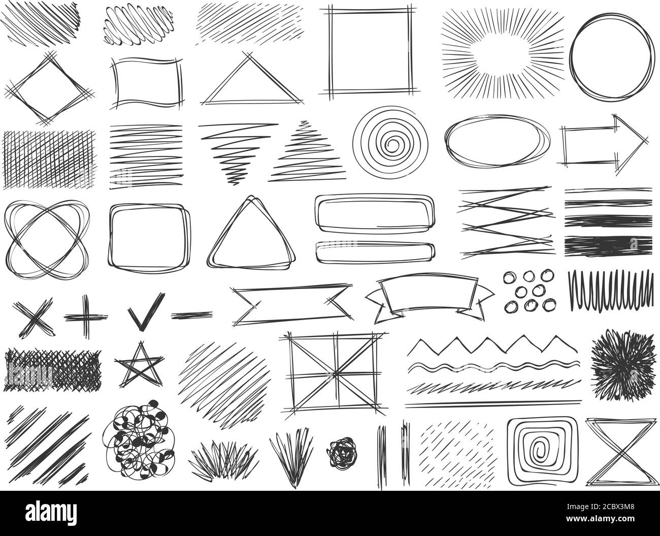 Esquisser des formes. Symboles de gribouillage monochromes, cadre de crayon à dessin, contour et abat-jour, badge hachuré ombré ensemble de vecteurs de forme carrée et ronde Illustration de Vecteur