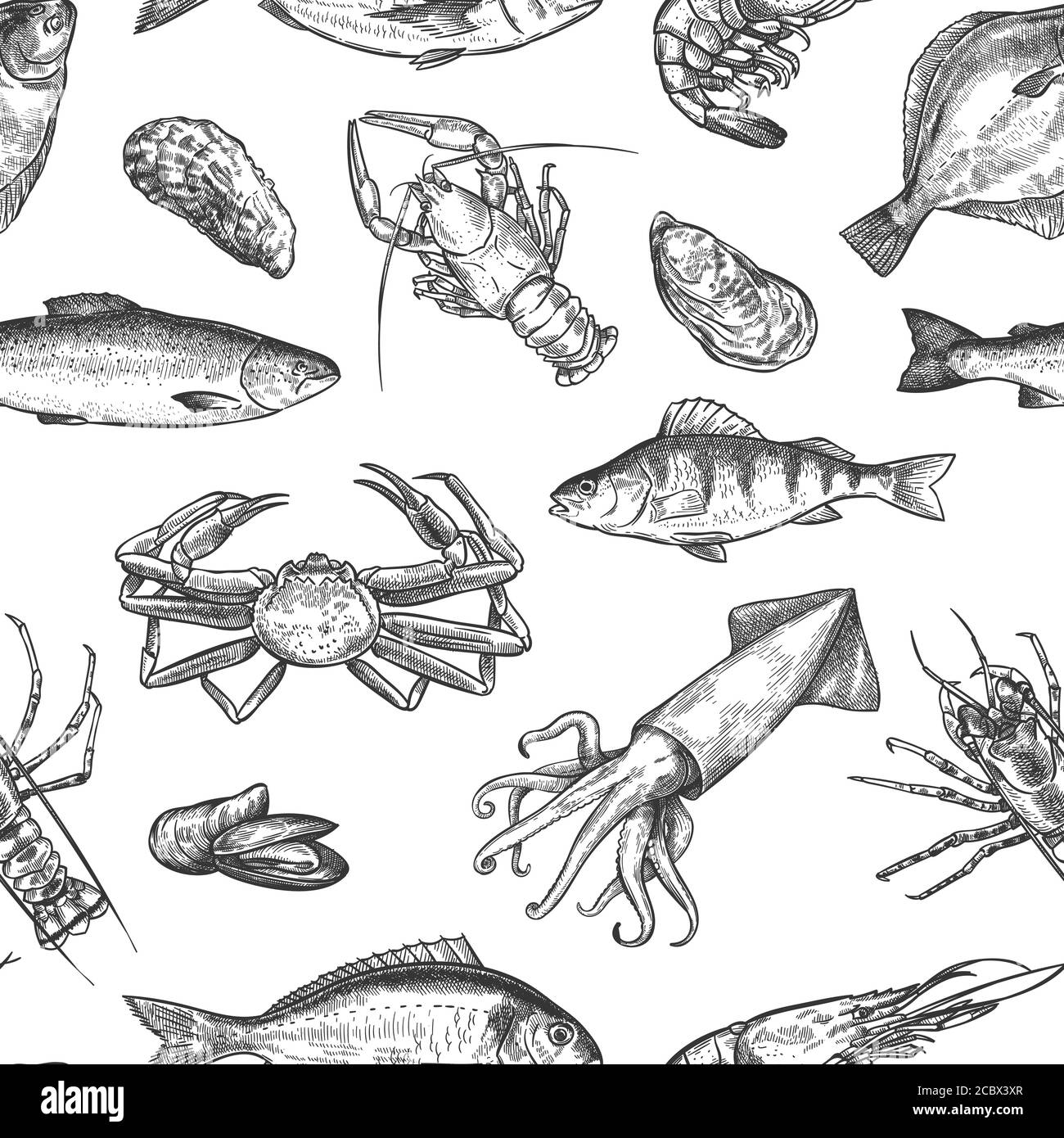 Motif de fruits de mer sans coutures. Le homard, le crabe, l'huître et la moule, le calmar, les crevettes et les poissons dessinés à la main dessinés sur la texture vectorielle de la vie marine Illustration de Vecteur