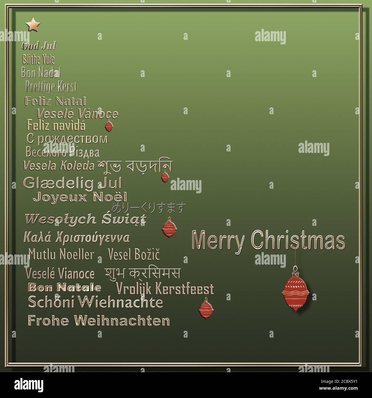 Mots Joyeux Noël dans différents européens, d'Europe de l'est, hindi, bengali, indien, japonais langues formant arbre de Noël avec des boules rouges sur fond vert. Copier l'espace. Illustration 3D Banque D'Images