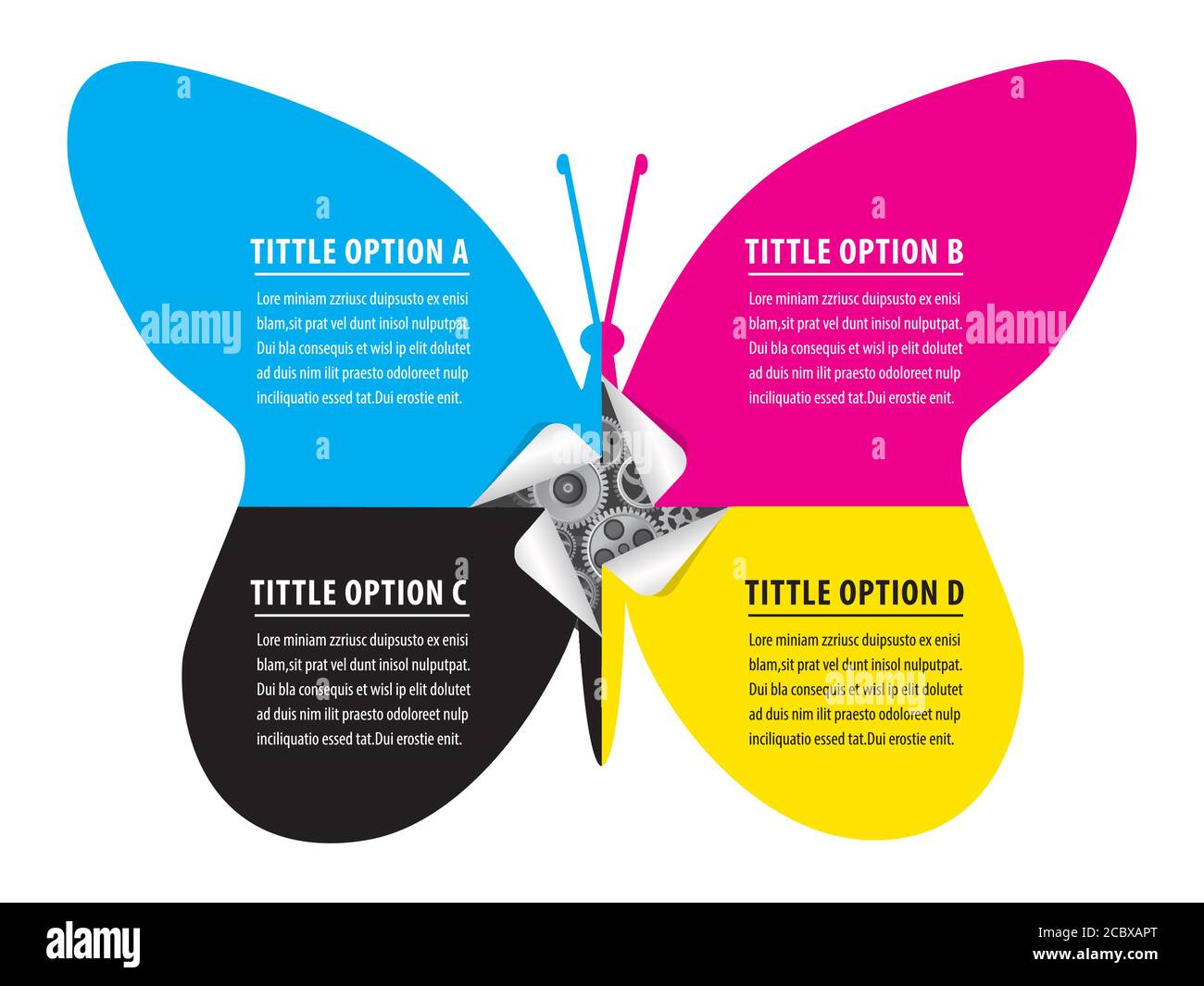Infographie concept impression couleurs autocollants papillon. Illustration de la couleur d'impression silhouette de papillon, avec autocollants et équipement. Illustration de Vecteur
