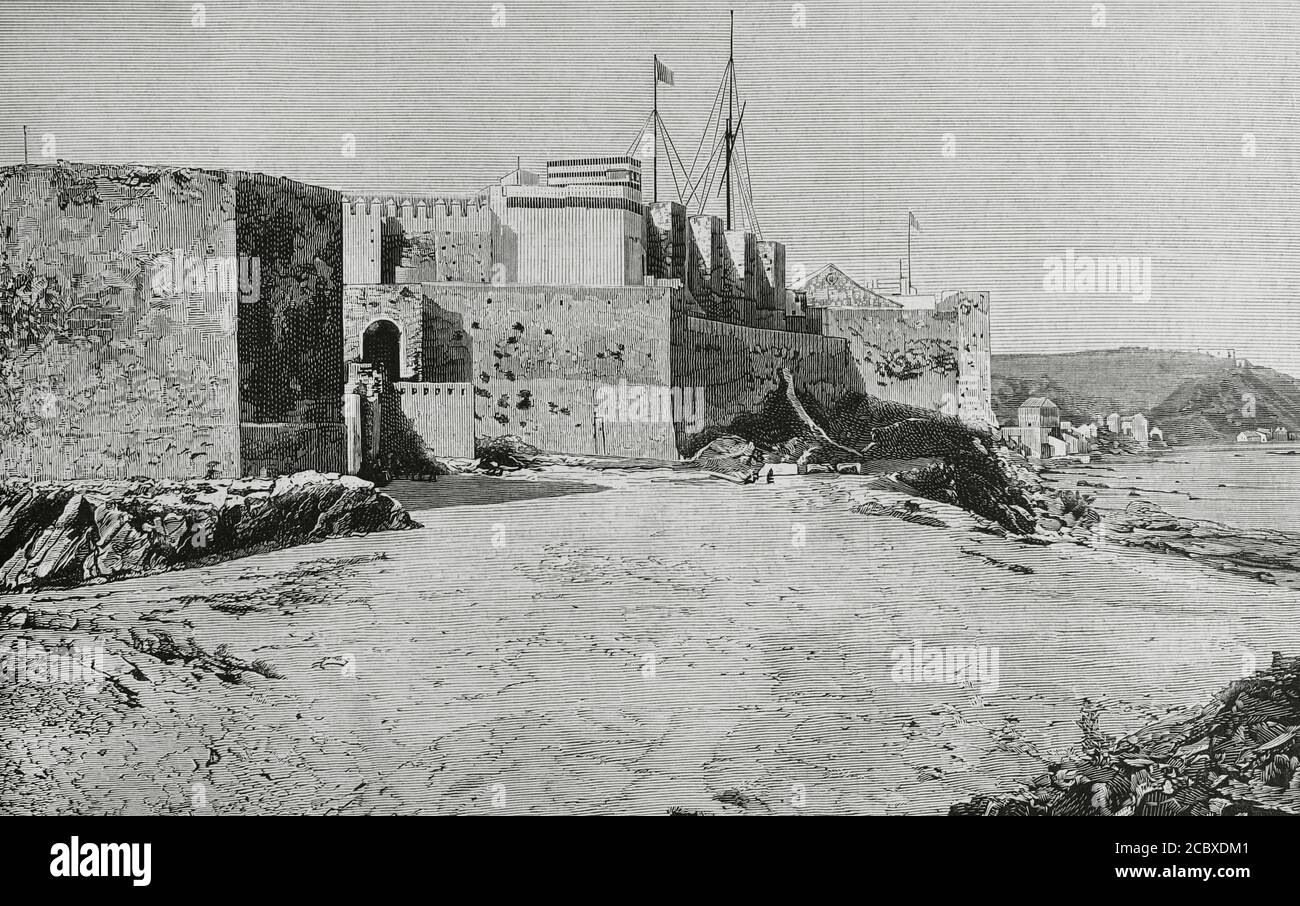 Espagne, Andalousie, province de Cadix, Tarifa. Sémaphore maritime installé dans le château de Guzman el Bueno. Gravure. La Ilustracion Española y Americana, 1881. Banque D'Images