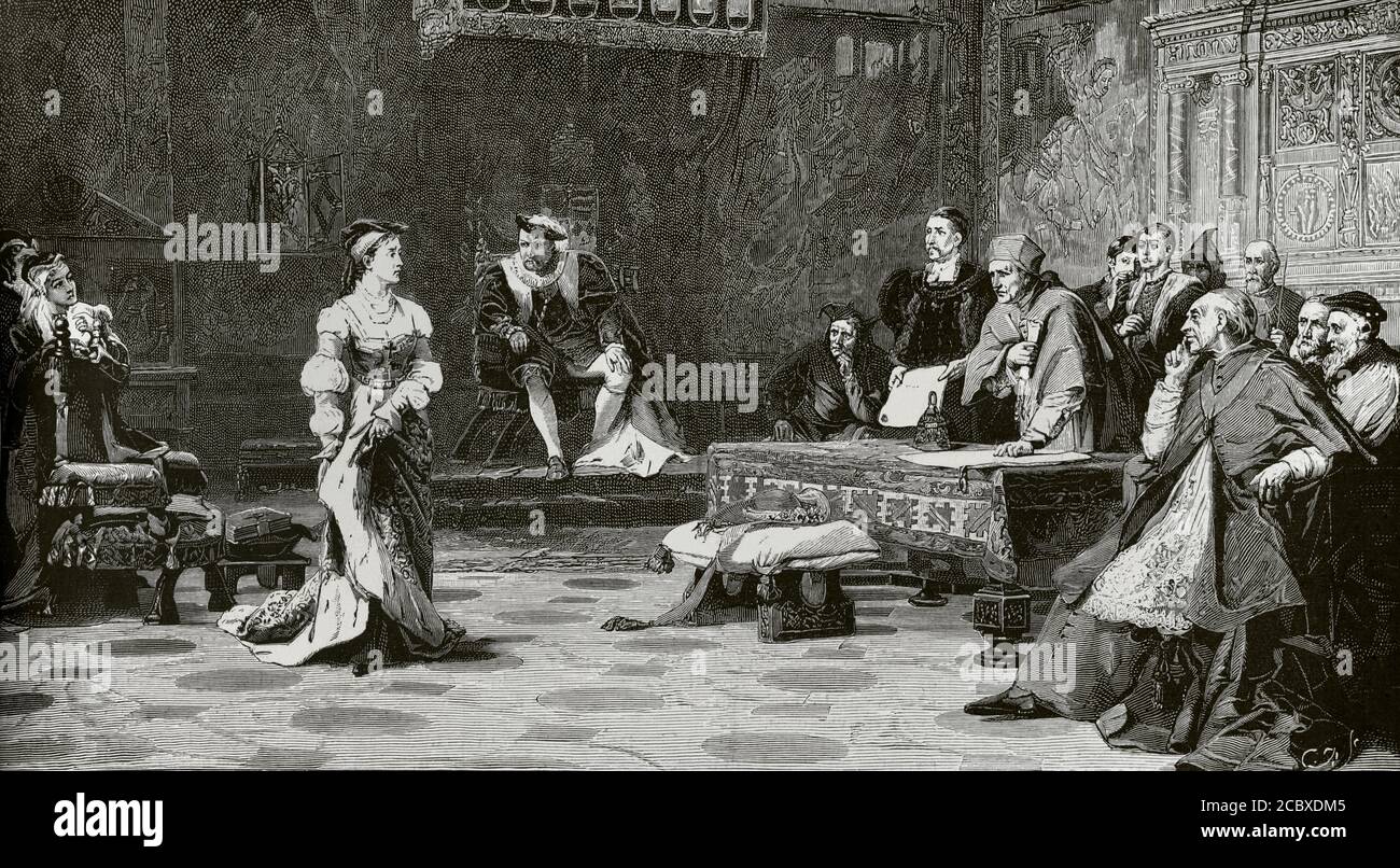 Catherine d'Aragon (1485-1536). Queen Consort of England (1509-1533). Première femme du roi Henri VIII Le procès de la reine Catherine le 21 juin 1529. Gravure après une peinture de Laslett J. Pott (1837-1898). La Ilustracion Española y Americana, 1881. Banque D'Images