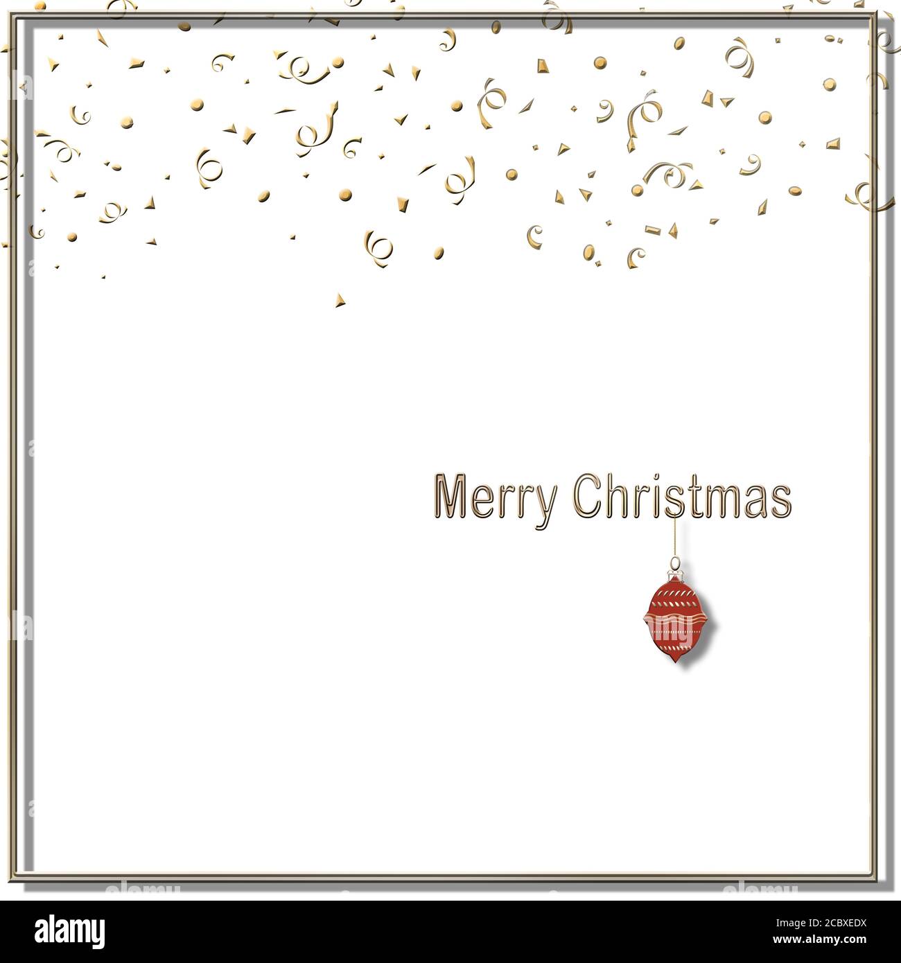 Carte de Noël minimaliste avec confettis d'or et texte Joyeux Noël avec boule de suspension rouge sur fond blanc. Copier l'espace. Illustration 3D Banque D'Images