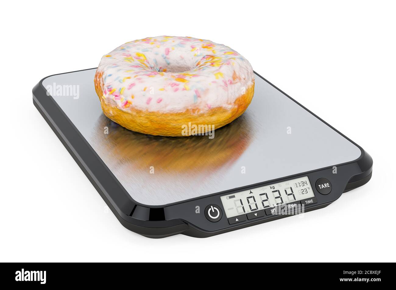 Balance de cuisine avec Donut. Rendu 3D isolé sur fond blanc Banque D'Images