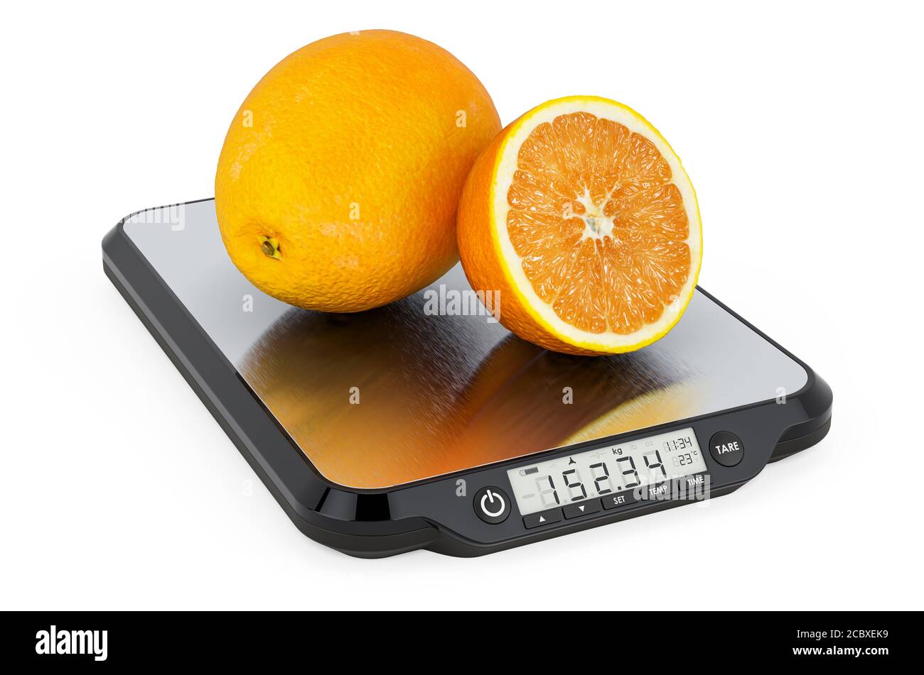 Balance de cuisine avec oranges. Rendu 3D isolé sur fond blanc Banque D'Images
