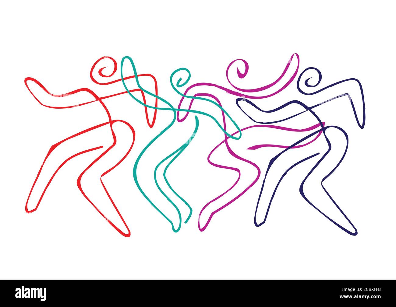 Art de la ligne de groupe de danse folklorique quatre danseurs vivacous, art de ligne stylisé. Vecteur disponible. Illustration de Vecteur