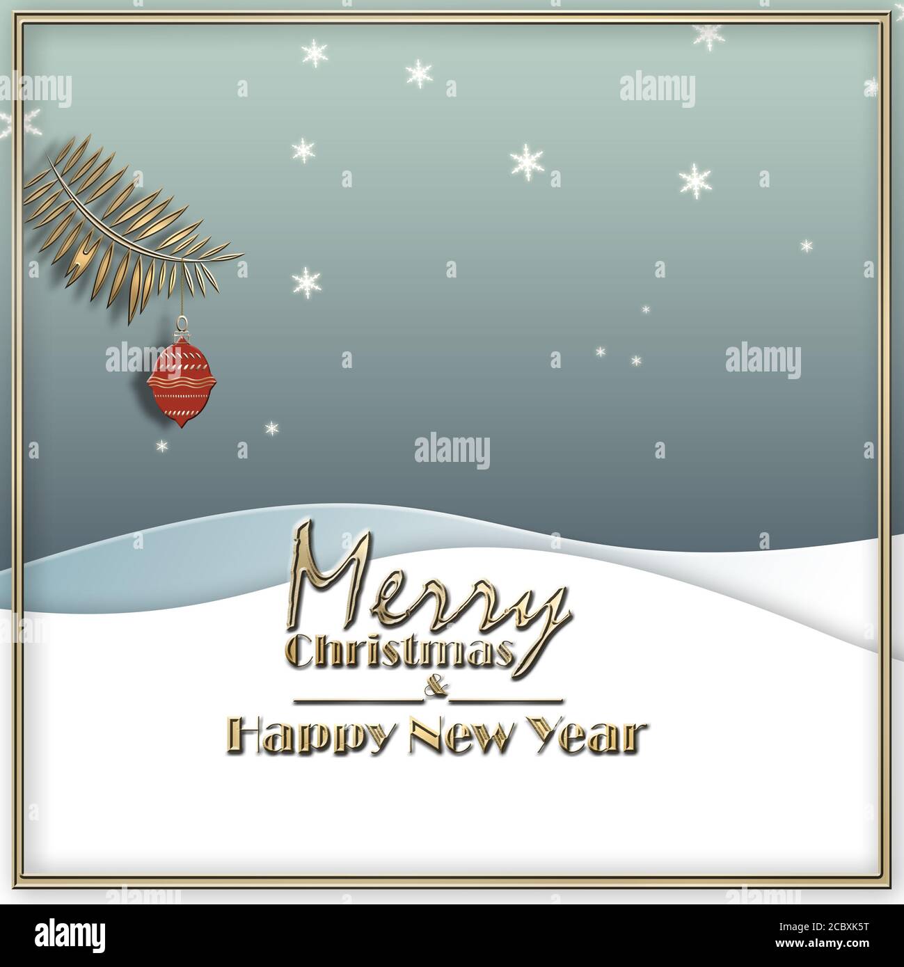 Bleu pastel paysage d'hiver, boule de suspension rouge. Texte Joyeux Noël et Bonne Année. fond minimaliste pour la nouvelle année 2021 circulaire de Noël, affiche, affiche, bannière, Web, en-tête. Illustration 3D Banque D'Images